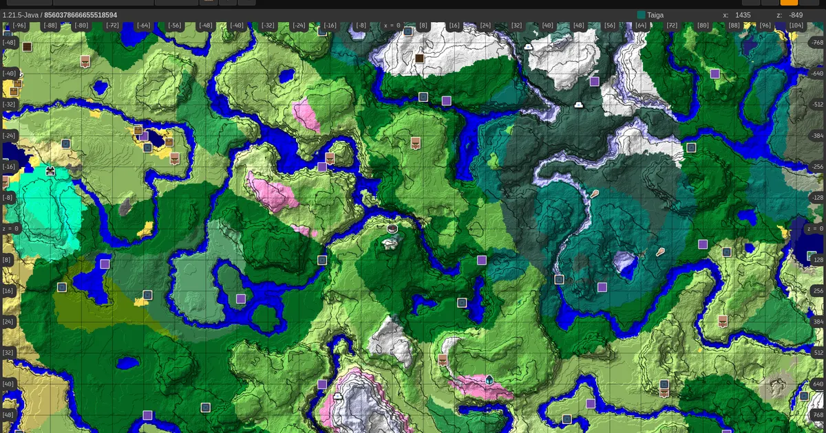 Minesite seed map viewer preview with biome colors and structure icons